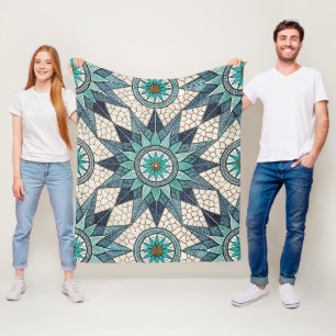 Indigo Teal Kompas Mozaïek – Gebrandschilderd Glas Fleece Deken