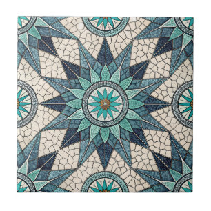 Indigo Teal Kompas Mozaïek – Gebrandschilderd Glas Tegeltje