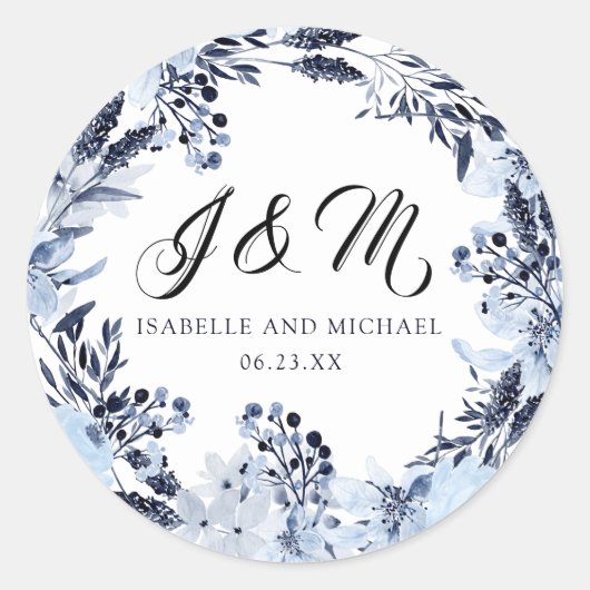 Indigo Tuin Monogram Initiaal Trouwgunst Ronde Sticker (Voorkant)