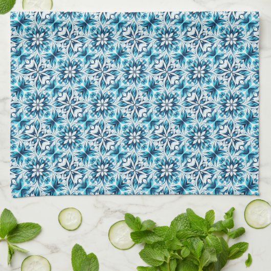 Indigo, Turquoise, Sky Blue & White Damask Floral Theedoek (Gevouwen)