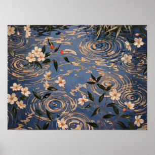 Indigo Vijver Rimpels en Bloesem Kunst Poster