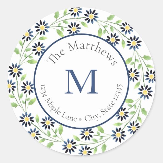 Indigo Watercolor Daisies Feuilles étiquettes (Devant)