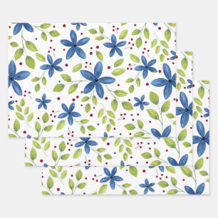 Indigo Waterolor Floral Bouquet Pattern Inpakpapier Vel
