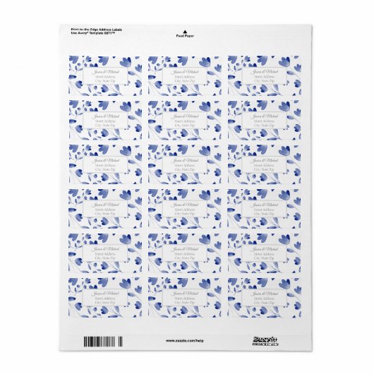 Indigo Waterverf Flower Stems Pattern Etiket (Full Sheet)