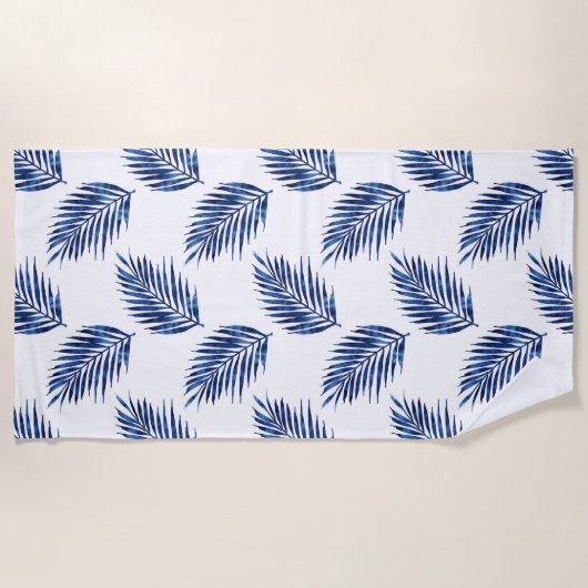 Indigo Waterverf Palm Fronds Pattern Strandlaken (Voorkant)