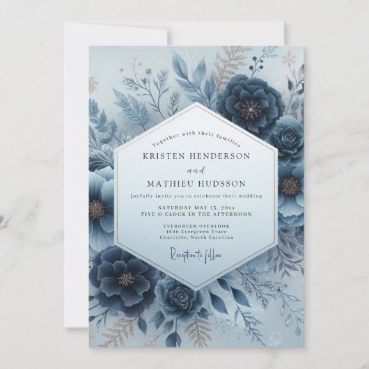 Indigo Wintry Flora Wedding Kaart (Voorkant)