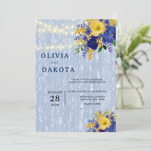 Indigo Yellow Peony Wood Weddenschap Kaart (Staand voorkant)