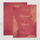 Indische bruiloft, Save The Date, Rood, Goud, Mehn Date (Voorkant / Achterkant)