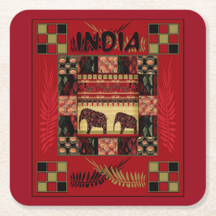 Indische etnische patchwork-olifanten vierkante kartonnen onderzetter
