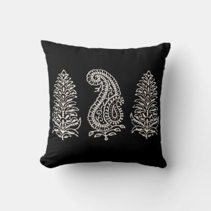 Indische Motif Handblock Print Light Cream on Blac Kussen