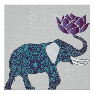 Indische olifant Blauwgroen en Paarse Lotus Perfect Poster