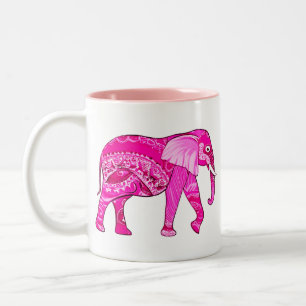 Indische olifant in een Fuchsia Pink Arabesque Pat Tweekleurige Koffiemok
