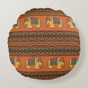 Indische olifanten, Sinaasappel Traditional Seamle Rond Kussen