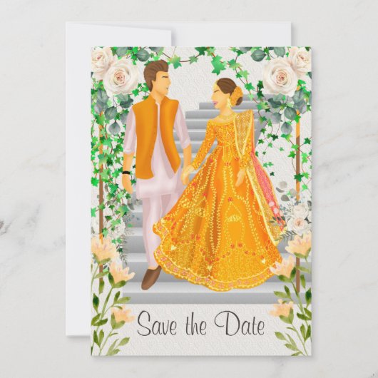 Indische Pakistaanse gouden bruiloft redt de datum Save The Date (Voorkant)