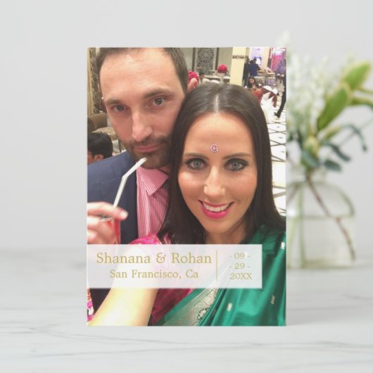 Indische stijlgroene foto-bruiloft bewaart de datu aankondiging (Staand voorkant)