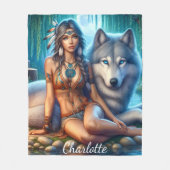 Indische vrouw en wolf bij de rivieroever fleece deken (Voorkant)