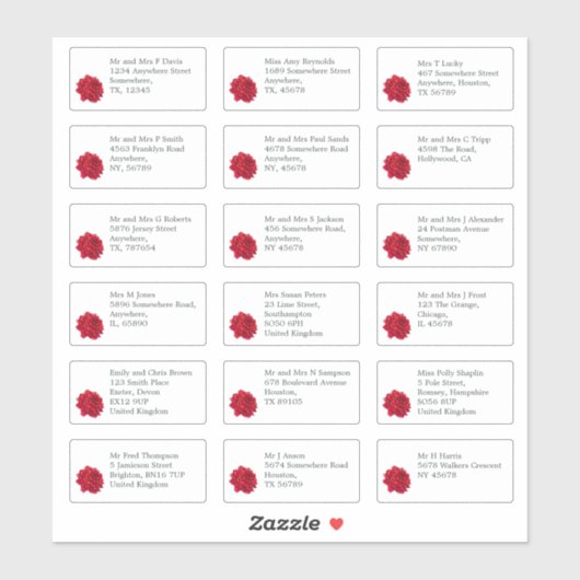 Individuele bruiloft Gast Naam Adres Red Rose Sticker (Vel)