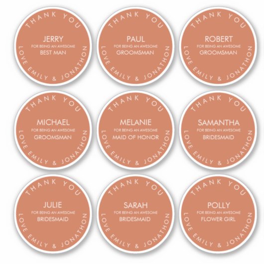 Individuele naam Dank u Bruids Party Terracotta Sticker (Voorkant)
