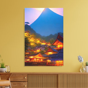 Indonesisch dorp bij zonsondergang canvas afdruk