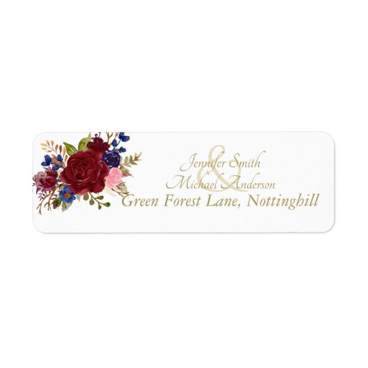 Indulgent Burgundy Royal Blue Pink Roses Wedding Etiket (Voorkant)