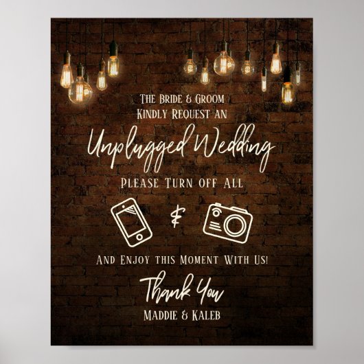 Industrial Brick Edison Lights Unplugged Wedding Poster (Voorkant)
