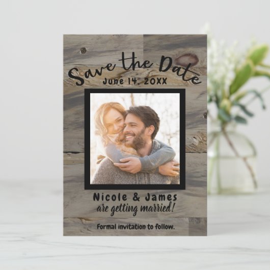 Industrieel Grijs Bruin Hout Rustiek Save the Date Kaart (Staand voorkant)