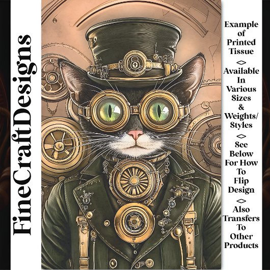 Industrieel Messing Steampunk Cat Kat AB7 Decoupag Tissuepapier