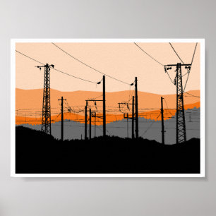 Industrieel Silhouet van Zonsondergang Elektricite Poster