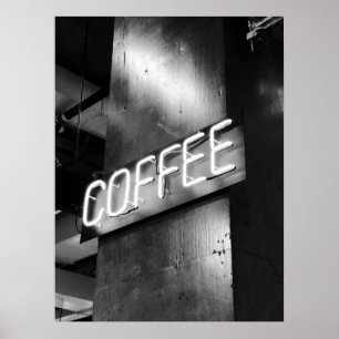Industrieel Zwart-Wit Neon Coffee Sign Poster
