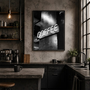 Industrieel zwart-wit neon koffie teken poster