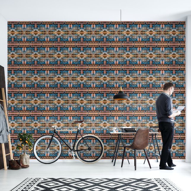 Industriële architectuur in blauw en roest groot behang (Woonkamer)