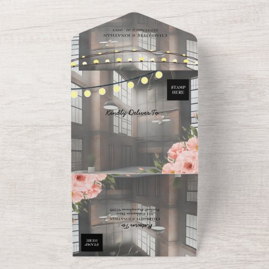 Industriële Elegantie Moderne Chique Bruiloft All In One Uitnodiging (Buitenkant)