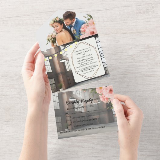 Industriële Elegantie Moderne Chique Bruiloft All In One Uitnodiging (Afscheurbaar)