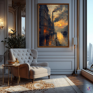 Industriële stadsgezicht bij zonsondergang Impress Poster