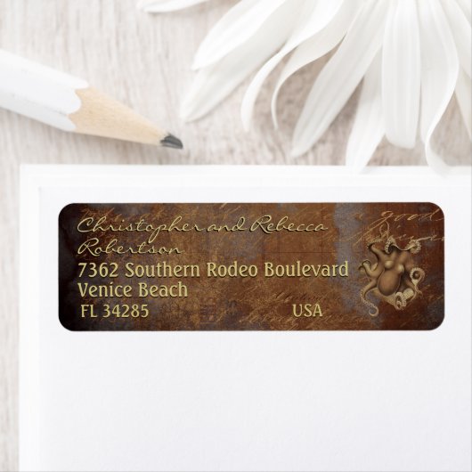 Industriële steenslag steampunk octopus brown doua etiket (Insitu)