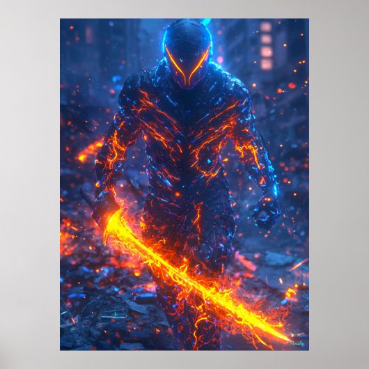 Infernal Cyber Warrior – Neon Fire Samurai Poster (Voorkant)