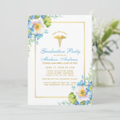 Infirmière Blue Floral Gold Grad Party Invitation (Debout devant)