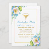 Infirmière Blue Floral Gold Grad Party Invitation (Devant / Derrière)