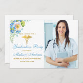 Infirmière Blue Floral Gold Invitation (Devant / Derrière)