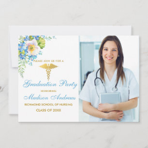 Infirmière Blue Floral Gold Invitation