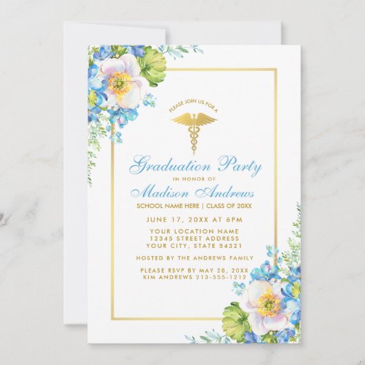Infirmière Blue Floral Gold Invitation B (Devant)
