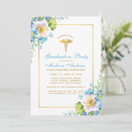 Infirmière Blue Floral Gold Invitation B (Debout devant)