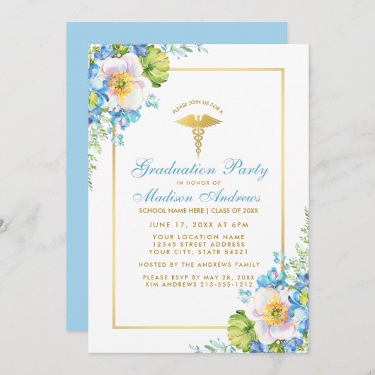 Infirmière Blue Floral Gold Invitation B (Devant / Derrière)