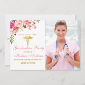 Infirmière Floral Rose Grad Party Invitation Gold (Devant)