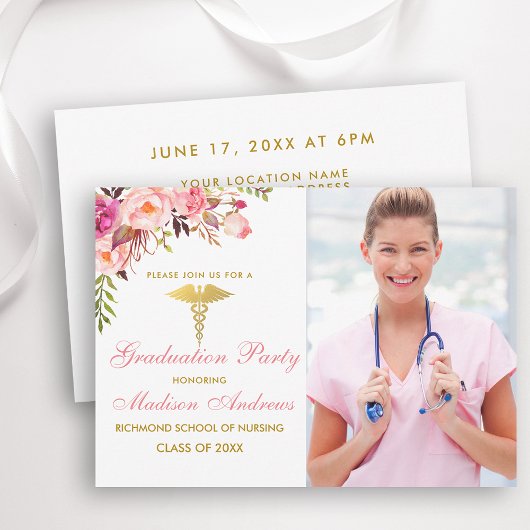 Infirmière Floral Rose Grad Party Invitation Gold