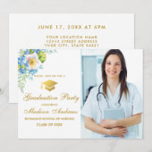 Infirmière Gold Blue Floral Grad Party Invitation (Devant / Derrière)