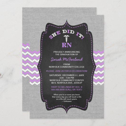 Infirmière invitations de diplôme, lavande gris ta (Devant / Derrière)