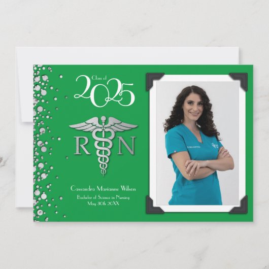 Infirmière Silver Graduation Faire-part Vert (Devant)
