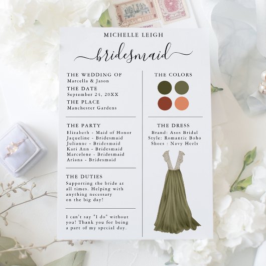 Info Carte Bridesmaid Détails Olive, Terracotta