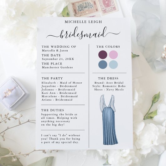 Info Carte Bridesmaid Détails Plum, Lavande, Bleu